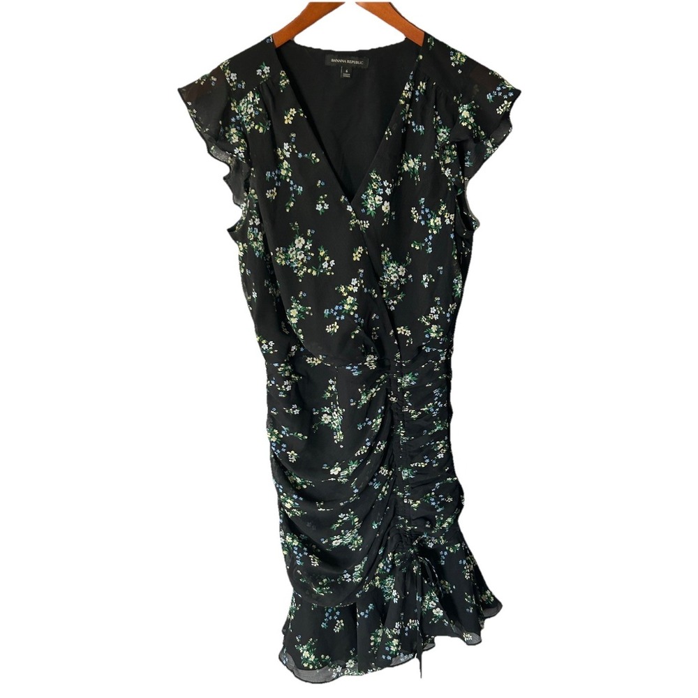 Women's 6 Floral Sheath Short Dress V Neck Ruched Ruffle Black Green Vacation